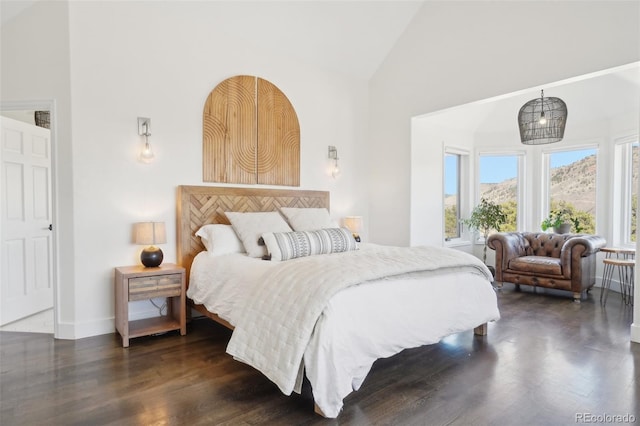 700 Apple Ridge Rd, Lyons, CO 80540 - bedroom featuring dark wood-style floors, high vaulted ceiling, and baseboards