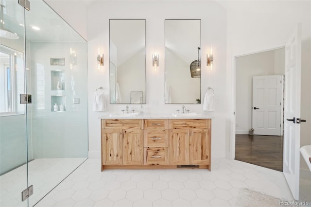 700 Apple Ridge Rd, Lyons, CO 80540 - bathroom with a stall shower, tile patterned flooring, double vanity, high vaulted ceiling, and a bathtub