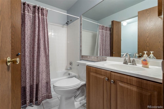 full bathroom featuring vanity, toilet, tile patterned floors, and shower / bathtub combination with curtain