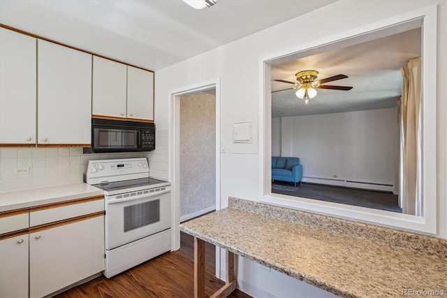 7801 W 35th Ave Unit 1, Wheat Ridge, CO 80033 - kitchen featuring black microwave, white range with electric stovetop, a baseboard heating unit, light countertops, and white cabinetry