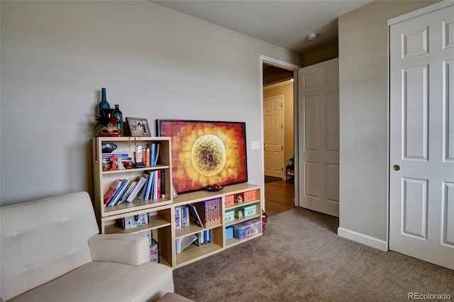 sitting room featuring baseboards and carpet flooring