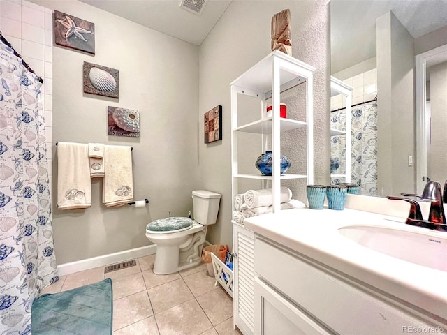 bathroom featuring toilet, tile patterned floors, visible vents, and vanity