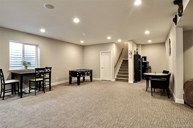 rec room with carpet flooring, recessed lighting, and baseboards