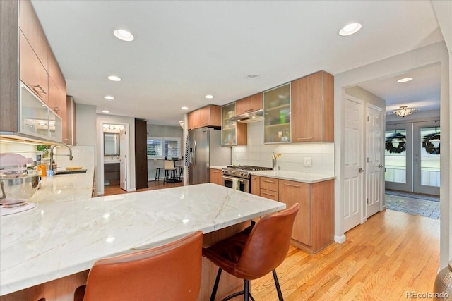 kitchen with decorative backsplash, light wood-style floors, appliances with stainless steel finishes, a peninsula, and under cabinet range hood