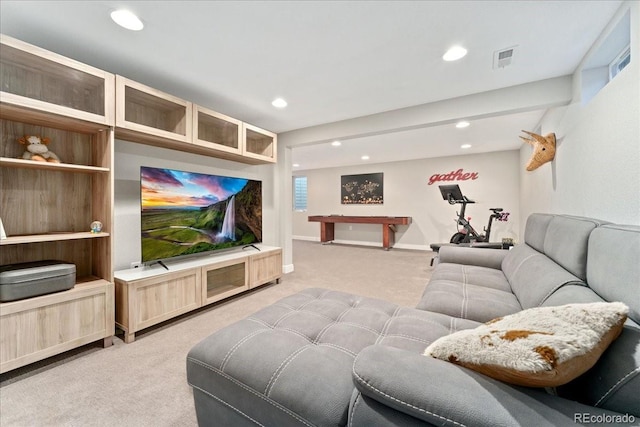 interior space with recessed lighting, visible vents, baseboards, and light colored carpet