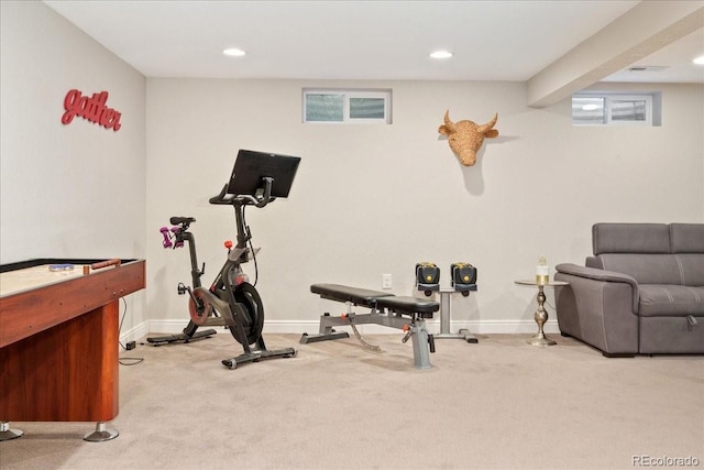 exercise room featuring baseboards, carpet flooring, and recessed lighting