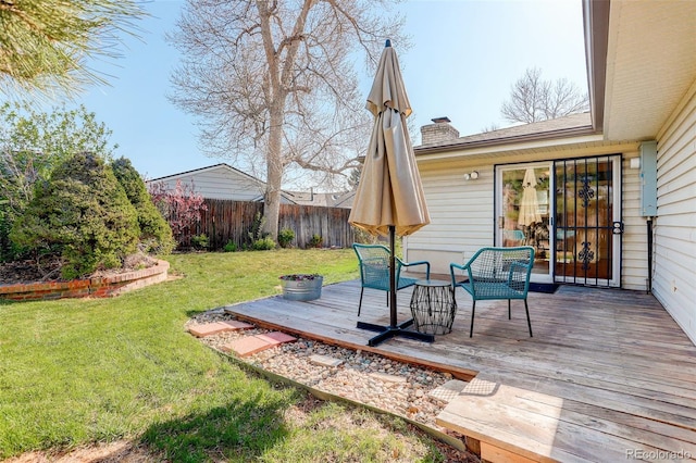 wooden deck featuring a fenced backyard and a yard