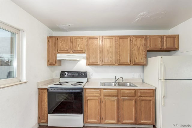 kitchen with light countertops, white appliances, a sink, and under cabinet range hood