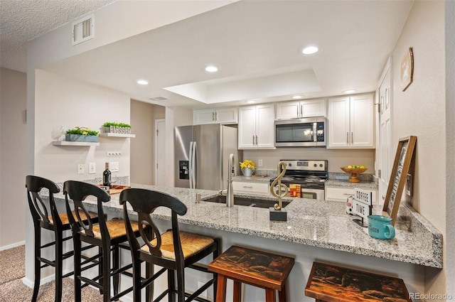 23585 Genesee Village Rd Unit E, Golden, CO 80401 - kitchen with stainless steel appliances, a raised ceiling, a kitchen breakfast bar, white cabinetry, and recessed lighting