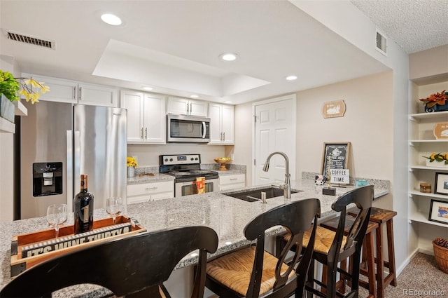 23585 Genesee Village Rd Unit E, Golden, CO 80401 - kitchen with stainless steel appliances, light stone countertops, a kitchen bar, white cabinets, and recessed lighting