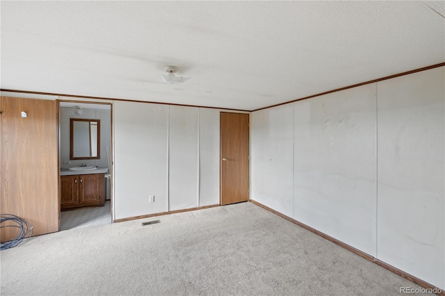 35275 Book Rd, Yoder, CO 80864 - unfurnished bedroom with carpet, crown molding, a sink, connected bathroom, and baseboards