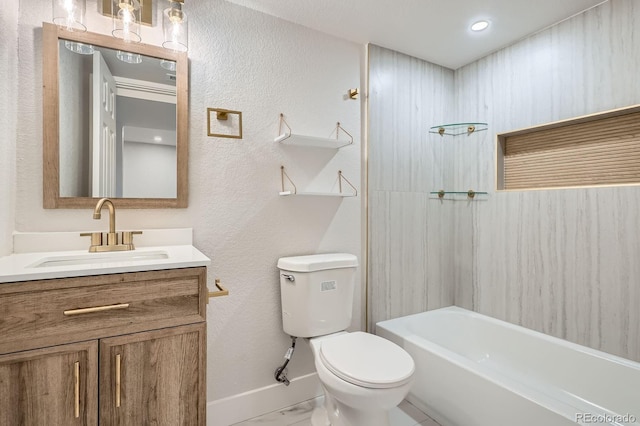 5555 Julian St, Denver, CO 80221 - full bath featuring marble look tiles, toilet, vanity, washtub / shower combination, and baseboards