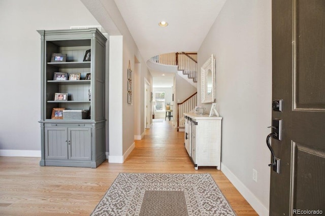 3102 Fox Sedge Pl, Highlands Ranch, CO 80126 - entryway featuring stairs, light wood-style flooring, baseboards, and recessed lighting