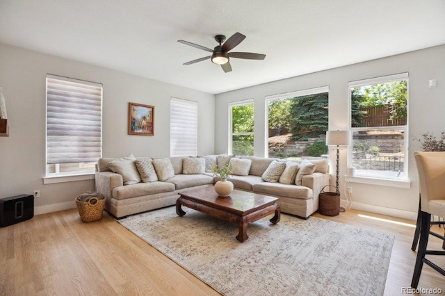 3102 Fox Sedge Pl, Highlands Ranch, CO 80126 - living room with ceiling fan, wood finished floors, and baseboards