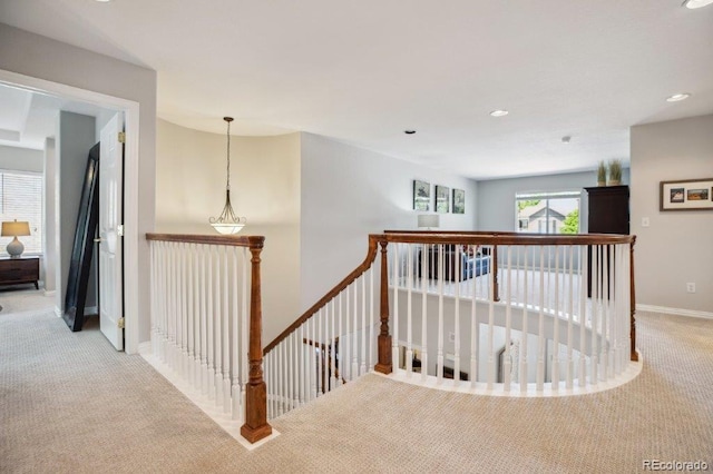 3102 Fox Sedge Pl, Highlands Ranch, CO 80126 - hall featuring an upstairs landing, light carpet, baseboards, and recessed lighting