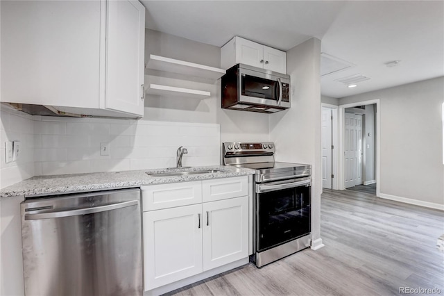 kitchen with stainless steel appliances, a sink, white cabinets, and light wood finished floors