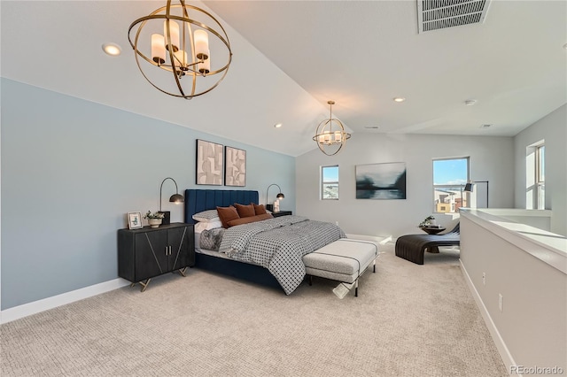 15290 W 69th Pl, Arvada, CO 80007 - bedroom featuring a chandelier, multiple windows, light colored carpet, vaulted ceiling, and recessed lighting