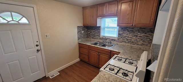 2880 W 91st Pl, Denver, CO 80260 - kitchen featuring a sink, tasteful backsplash, dark wood finished floors, and healthy amount of natural light