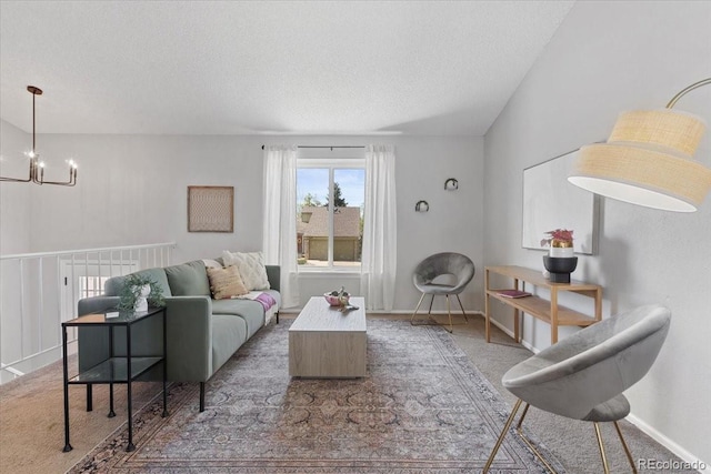 10895 W Bowles Pl, Littleton, CO 80127 - living room featuring a chandelier, carpet, a textured ceiling, and baseboards