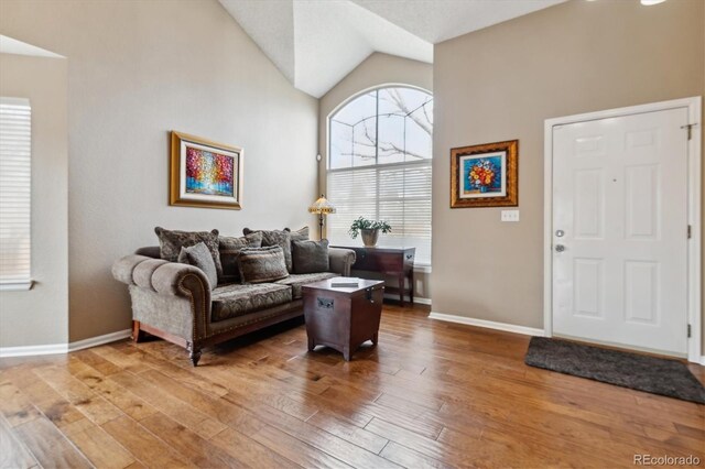 living area with high vaulted ceiling, baseboards, and wood finished floors
