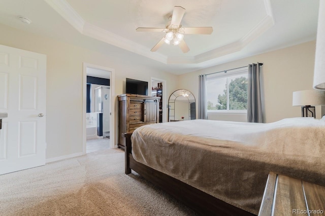 15389 E 99th Way, Commerce City, CO 80022 - bedroom featuring a tray ceiling, crown molding, light colored carpet, baseboards, and connected bathroom