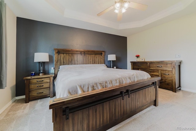 15389 E 99th Way, Commerce City, CO 80022 - bedroom with light colored carpet, baseboards, a raised ceiling, ornamental molding, and ceiling fan