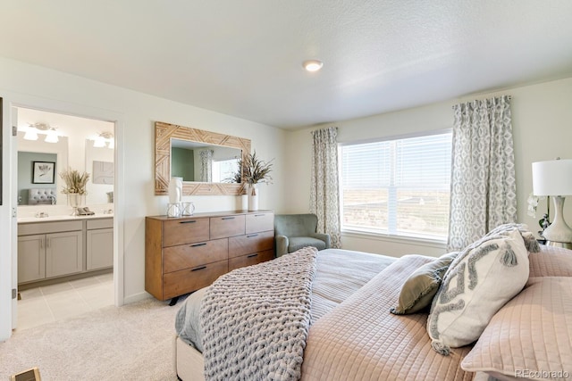 18726 E 99th Ave, Commerce City, CO 80022 - bedroom featuring light carpet, multiple windows, light tile patterned floors, and ensuite bathroom
