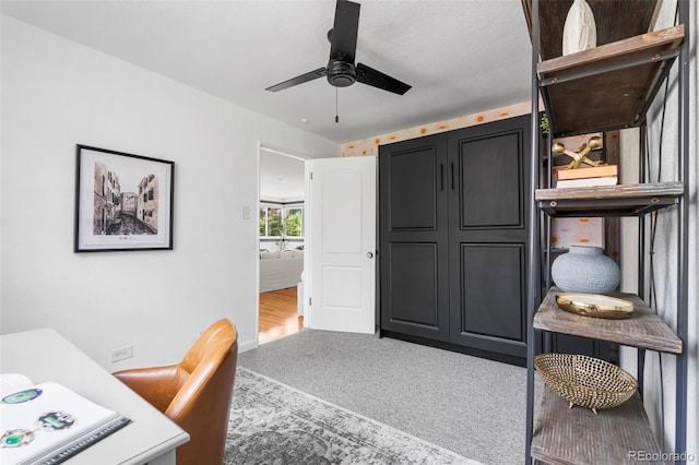 office space with ceiling fan and carpet