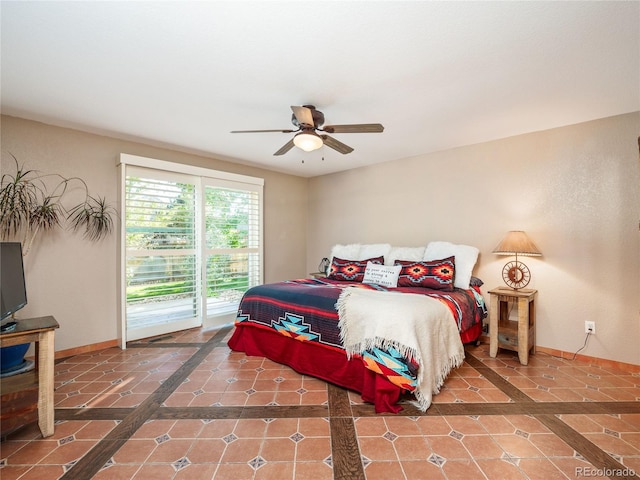 bedroom with access to exterior, tile patterned floors, and ceiling fan