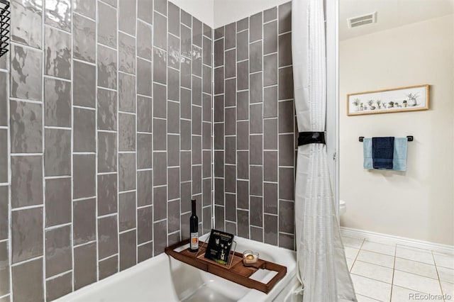 bathroom with tile patterned flooring, visible vents, baseboards, a bath, and a shower with curtain