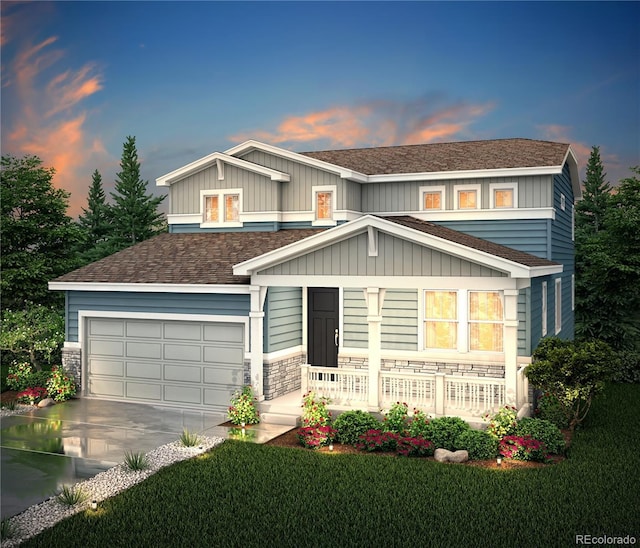 craftsman house featuring a porch, an attached garage, a shingled roof, concrete driveway, and stone siding