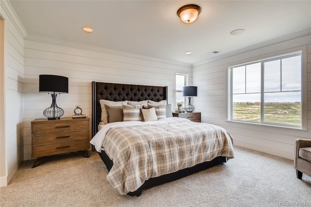 bedroom with light carpet, recessed lighting, visible vents, and crown molding