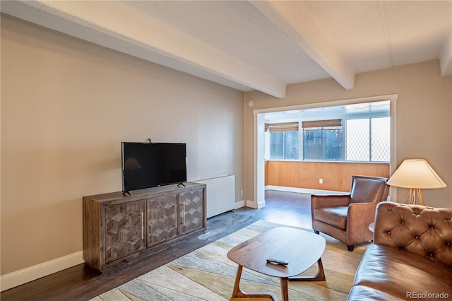 1255 N Ogden St Unit 305, Denver, CO 80218 - living room featuring beamed ceiling and wood finished floors