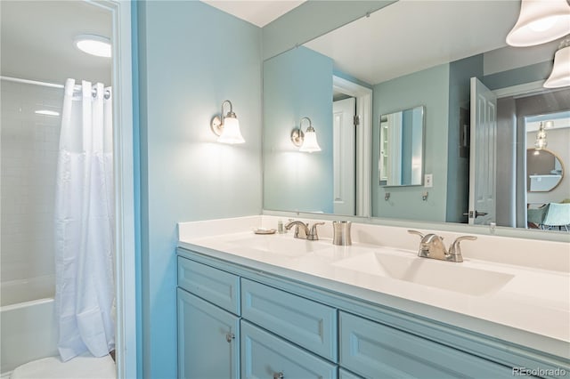 1255 N Ogden St Unit 305, Denver, CO 80218 - full bathroom featuring double vanity and shower / bath combination with curtain