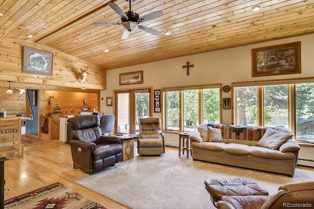 living area featuring light wood-style flooring, wooden walls, wood ceiling, ceiling fan, and vaulted ceiling