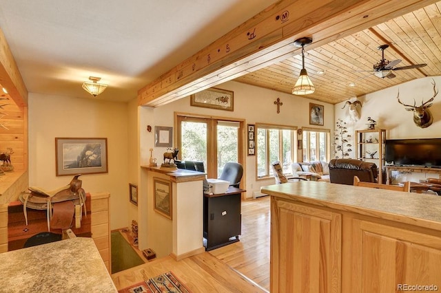 kitchen featuring open floor plan, wood ceiling, and light wood-type flooring