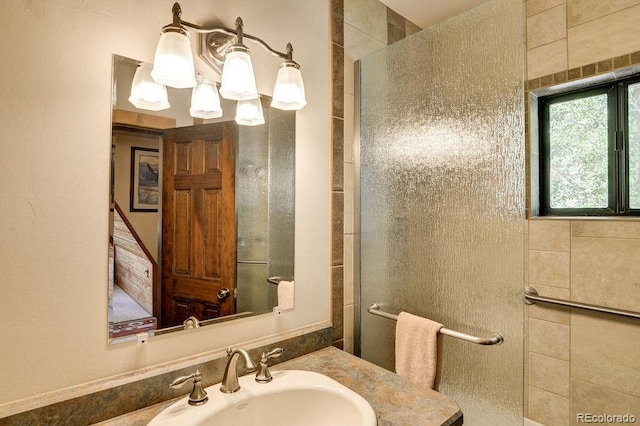 bathroom with a shower stall and a sink