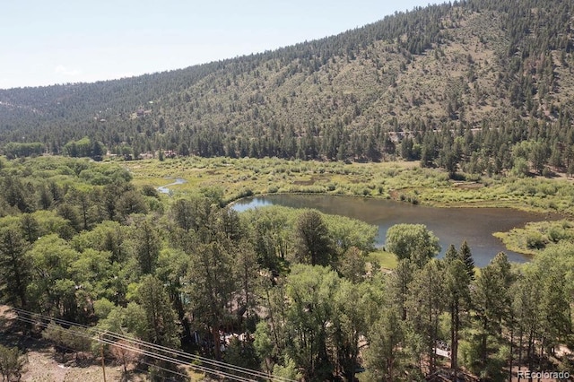 property view of mountains with a wooded view and a water view