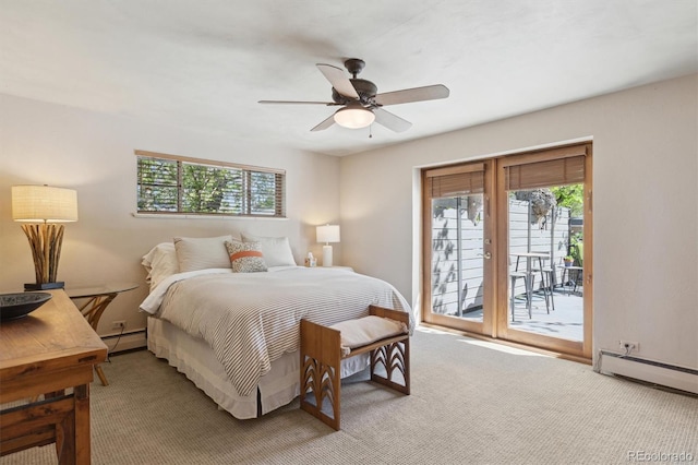 bedroom featuring access to exterior, a baseboard radiator, light carpet, and ceiling fan