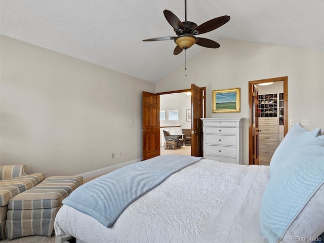 bedroom featuring lofted ceiling, ceiling fan, baseboards, a spacious closet, and a closet