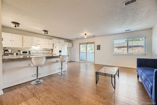 living room with plenty of natural light, sink, light hardwood / wood-style floors, and a textured ceiling