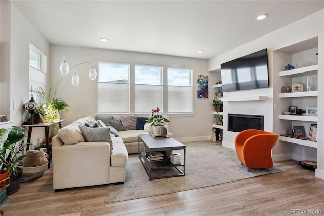 living room with a glass covered fireplace, wood finished floors, and a wealth of natural light