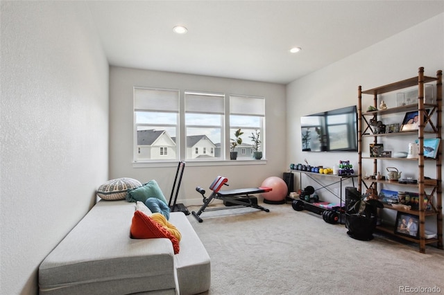 workout room featuring carpet flooring and recessed lighting