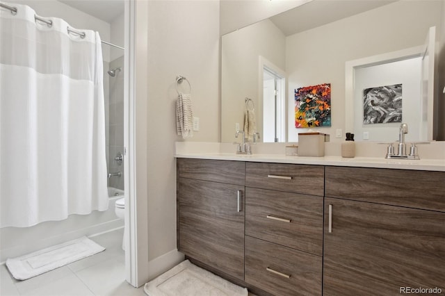 full bath with tile patterned floors, a sink, double vanity, toilet, and shower / tub combo