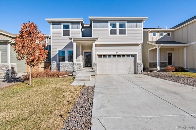 244 Chipeta Way, Lochbuie, CO 80603 - view of front facade with board and batten siding, stone siding, a garage, and driveway
