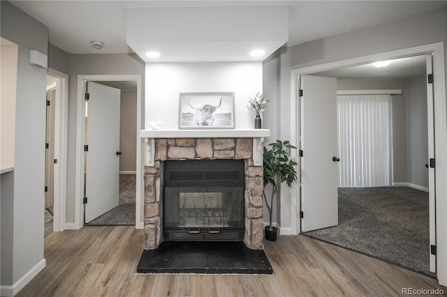 living room featuring a fireplace and wood-type flooring