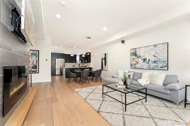 living room with wood-type flooring and a fireplace