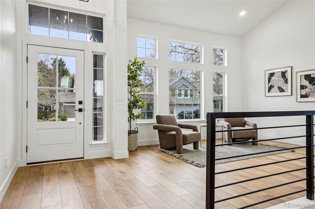 1057 English Sparrow Trl, Highlands Ranch, CO 80129 - entryway featuring wood finished floors, baseboards, a wealth of natural light, and a towering ceiling