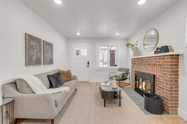 living room featuring wood-type flooring and a fireplace