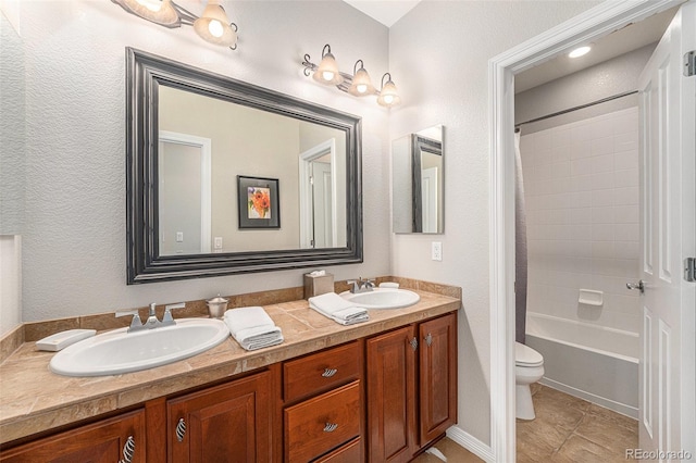 10994 Shadowbrook Cir, Highlands Ranch, CO 80130 - bathroom with double vanity, shower / bath combination with curtain, and tile patterned floors